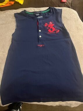 Ralph Lauren Navy Sleeveless Henley Tank with Red Team Polo Crest